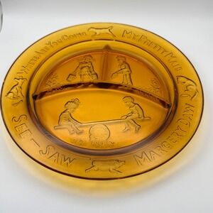 Tiara Amber Glass Nursery Rhyme Divided Plate and Bowl Vintage